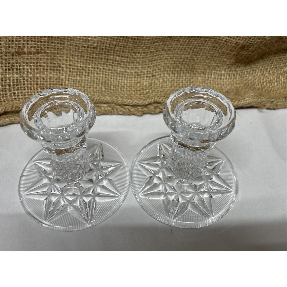 Set of 2 Clear Crystal Glass Candle Holders Eight Point Star And Diamond‎ Design - Picture 7 of 9